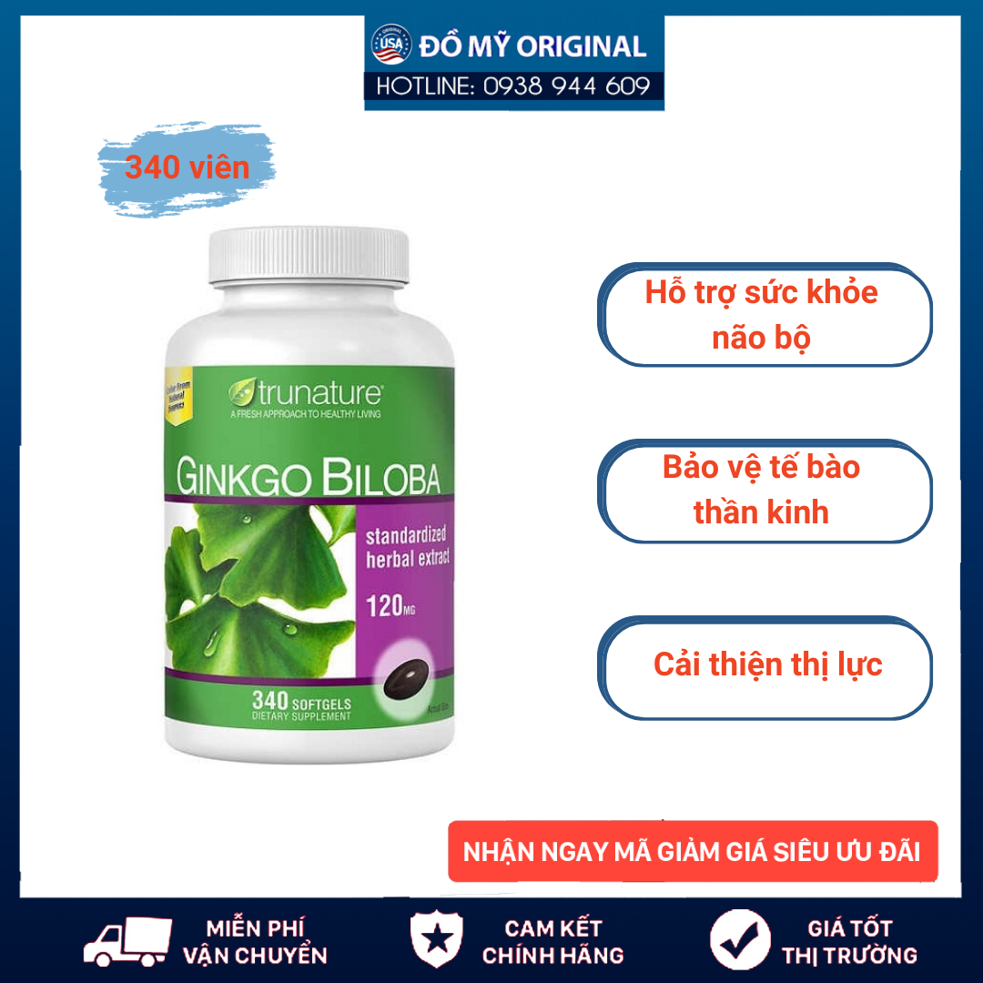 Viên Uống Bổ Não Trunature Ginkgo Biloba 120mg Hộp 340 Viên Hàng Nhập Mỹ Giúp Tăng Cường Tuần Hoàn Não Hỗ Trợ Trí Nhớ