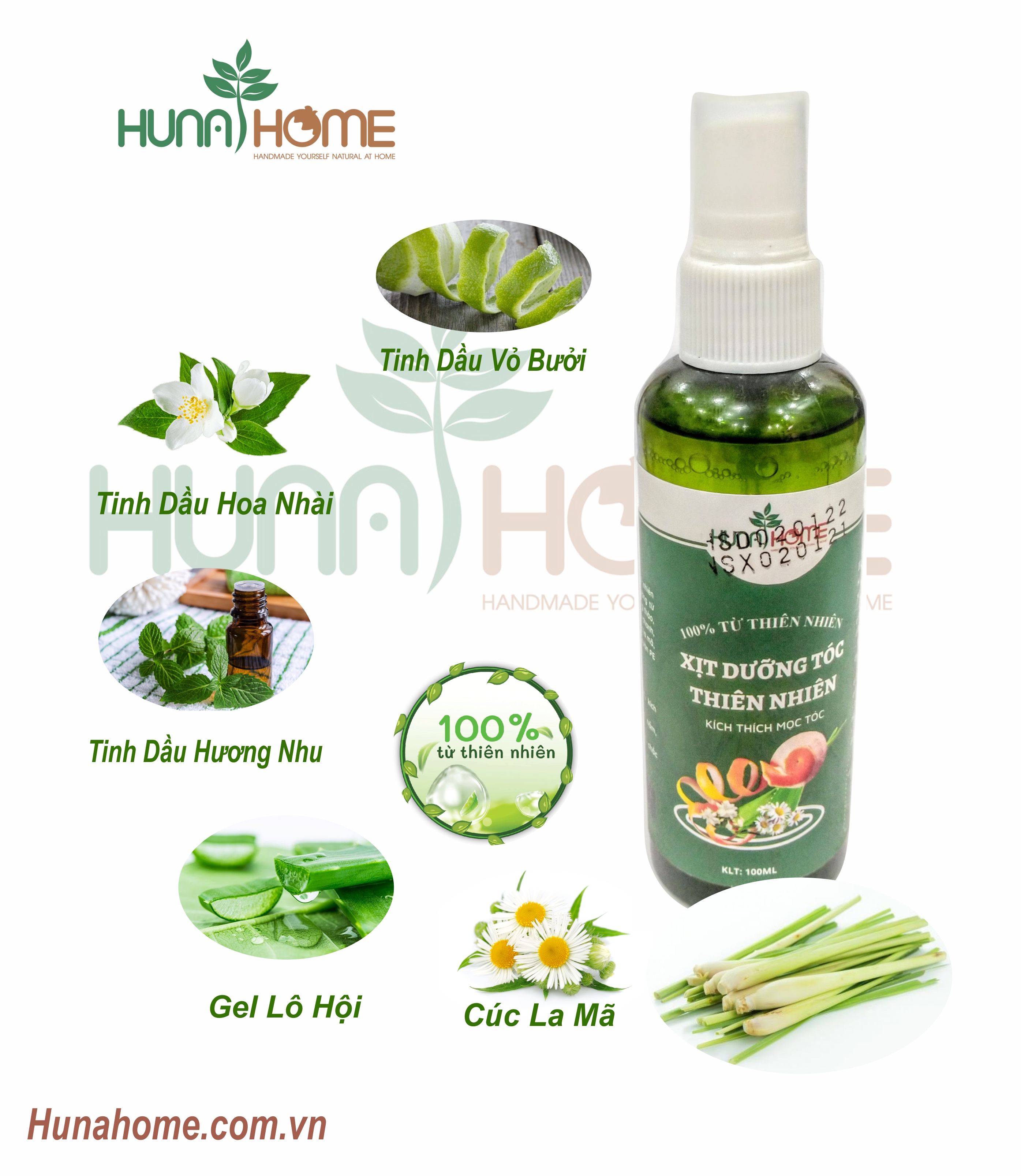 Xịt dưỡng tóc thiên nhiên, khích thích mọc tóc Hunahome