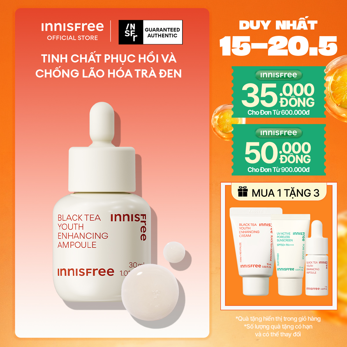 Tinh chất dưỡng da ban đêm ngăn ngừa lão hóa từ trà đen INNISFREE Black Tea Youth Enhancing Ampoule