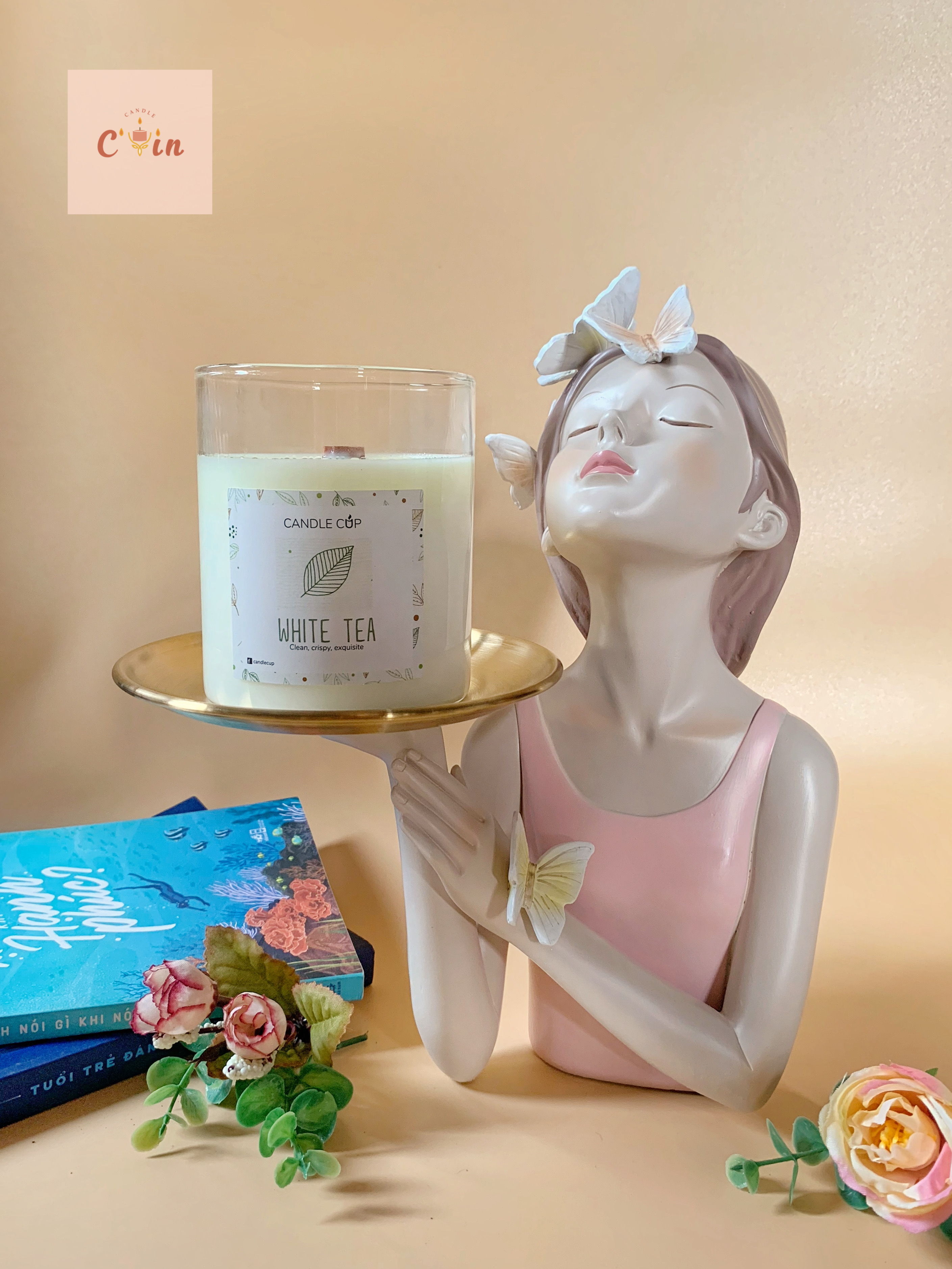 Tượng Cô gái, Bé thỏ, Chú hề kèm khay decor - Đế nến, Tượng bê khay để bàn trang trí dễ thương