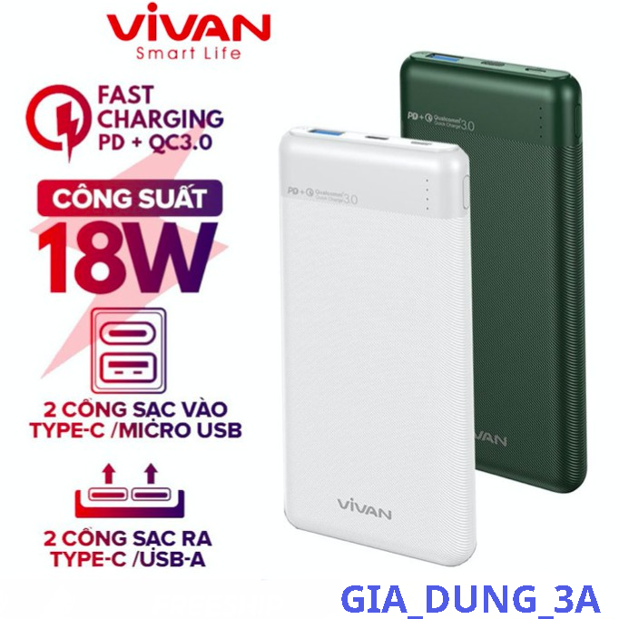 Pin Sạc Dự Phòng 10000mAh VIVAN M10, Sạc Nhanh 2 chiều 18W, Quick Chare 3.0