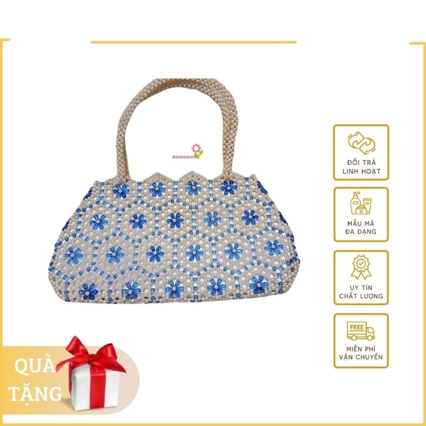 [Freeship+quà 19K] Túi xách thời trang nữ cầm tay kết thủ công bằng hạt ngọc trai nhựa đẹp bền sang trong/ Túi cúc đào lơn - Hoavuivee