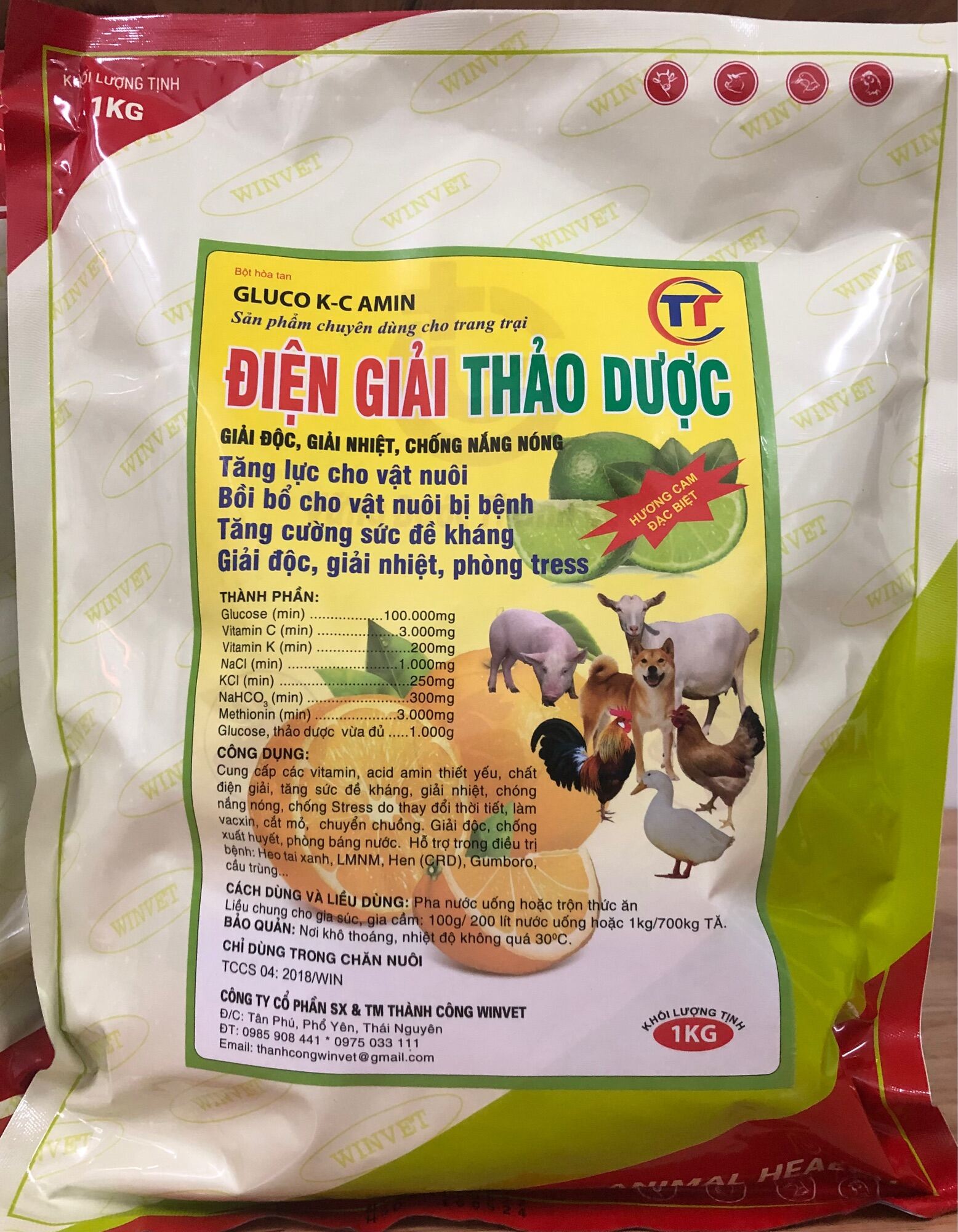  ĐIỆN GIẢI THẢO DƯỢC cho gà heo 1kg  có 5 gói 200g . gluco kc chống nóng bù nước cho chó mèo lợn gà vịt trâu bò dê. Thú Y Trường Thịnh 