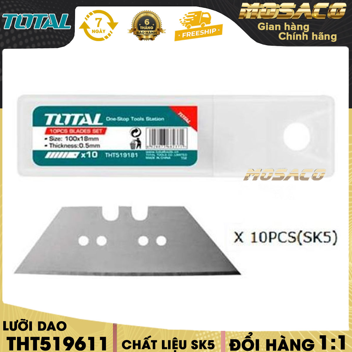 Bộ 10 dao rọc giấy tiện dụng total tht519611 lưỡi dao siêu bén kích thước lưỡi 61x19mm thép không gỉ, bền bỉ, sắc bén - mosaco