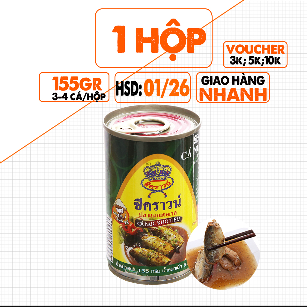 Hộp cá nục kho tiêu seacrown thái lan lon 155g, vị cay, thơm, dùng ăn ngay, date 01/2026