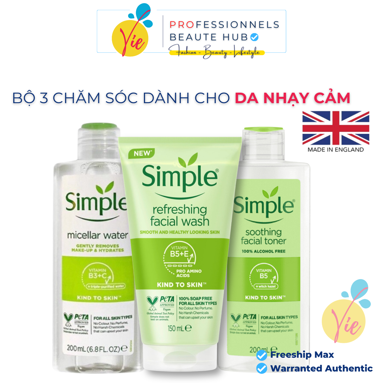 Bộ 3 Món Chăm Sóc Da Nhạy Cảm, Dầu Mụn, Da Khô SIMPLE