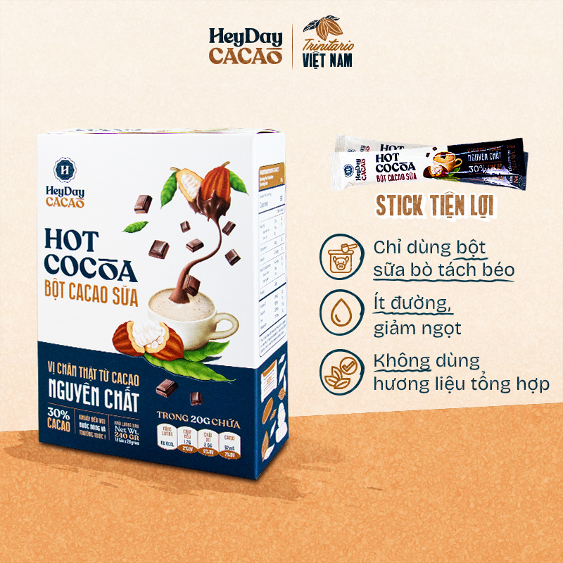 Bột Cacao Sữa Hot Cocoa - Đậm Vị Chân Thật Từ Cacao Nguyên Chất - Hộp Giấy 12 Gói x 20g - Không cholesterone, giàu khoáng và chất xơ hoà tan - Heyday Cacao