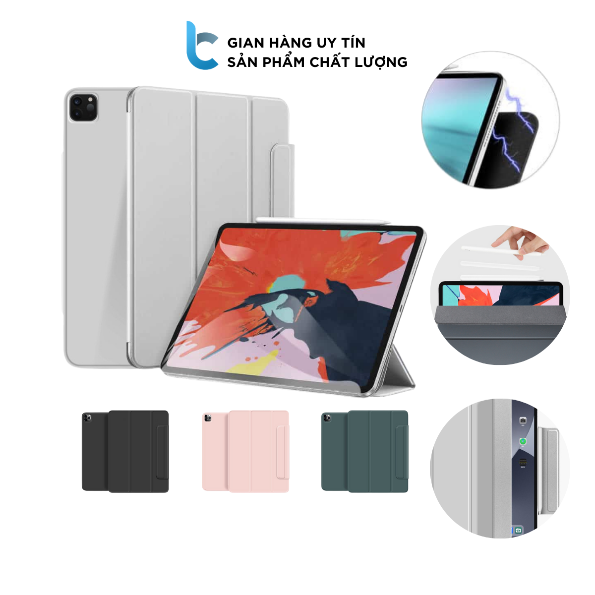 Ốp lưng/bao da ipad nam châm magnetic có quai kẹp apple pencil cho ipad mini 6, air 4, pro 11, 12.9 inch 2018-2021
