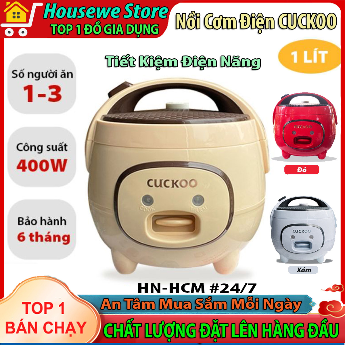Nồi cơm điện mini, nồi cơm điện cuckoo hàn quốc dung tích 1 lít, công suất 400w, lòng nồi chống dính cao cấp, nồi cơm điện mini cho 1-2 người ăn - bảo hành 6 tháng