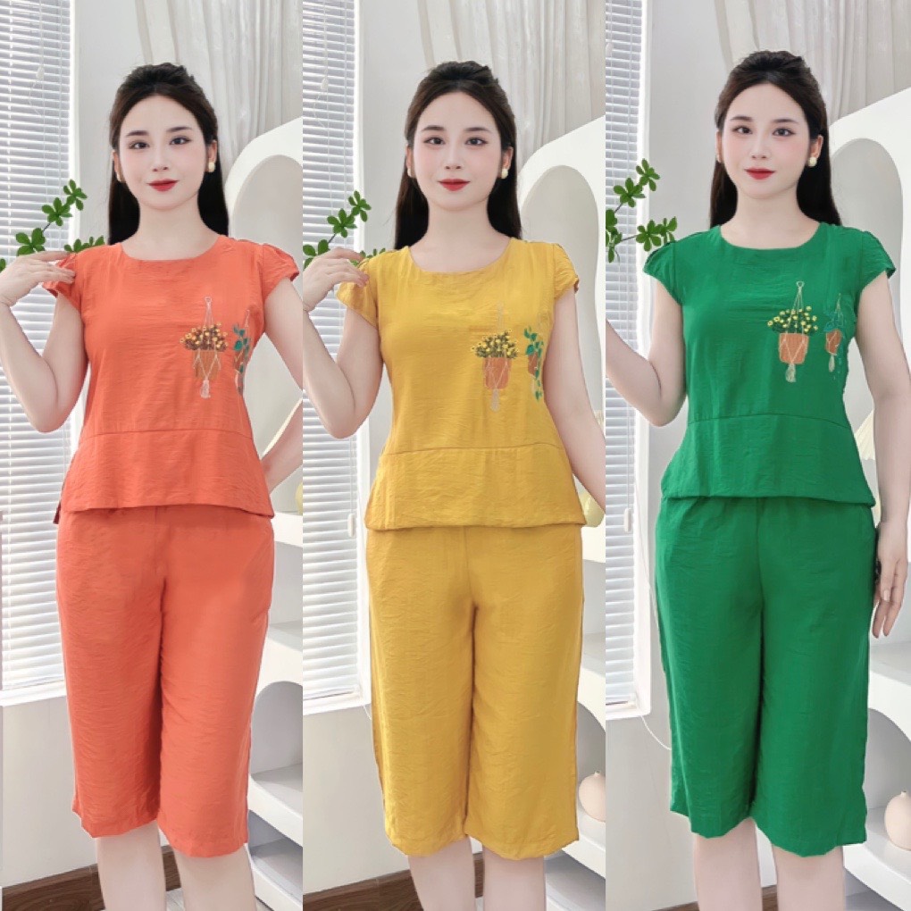 Bộ đũi xước lửng trung niên thêu GIỎ HOA, tay hến quần ngố cho Mẹ
