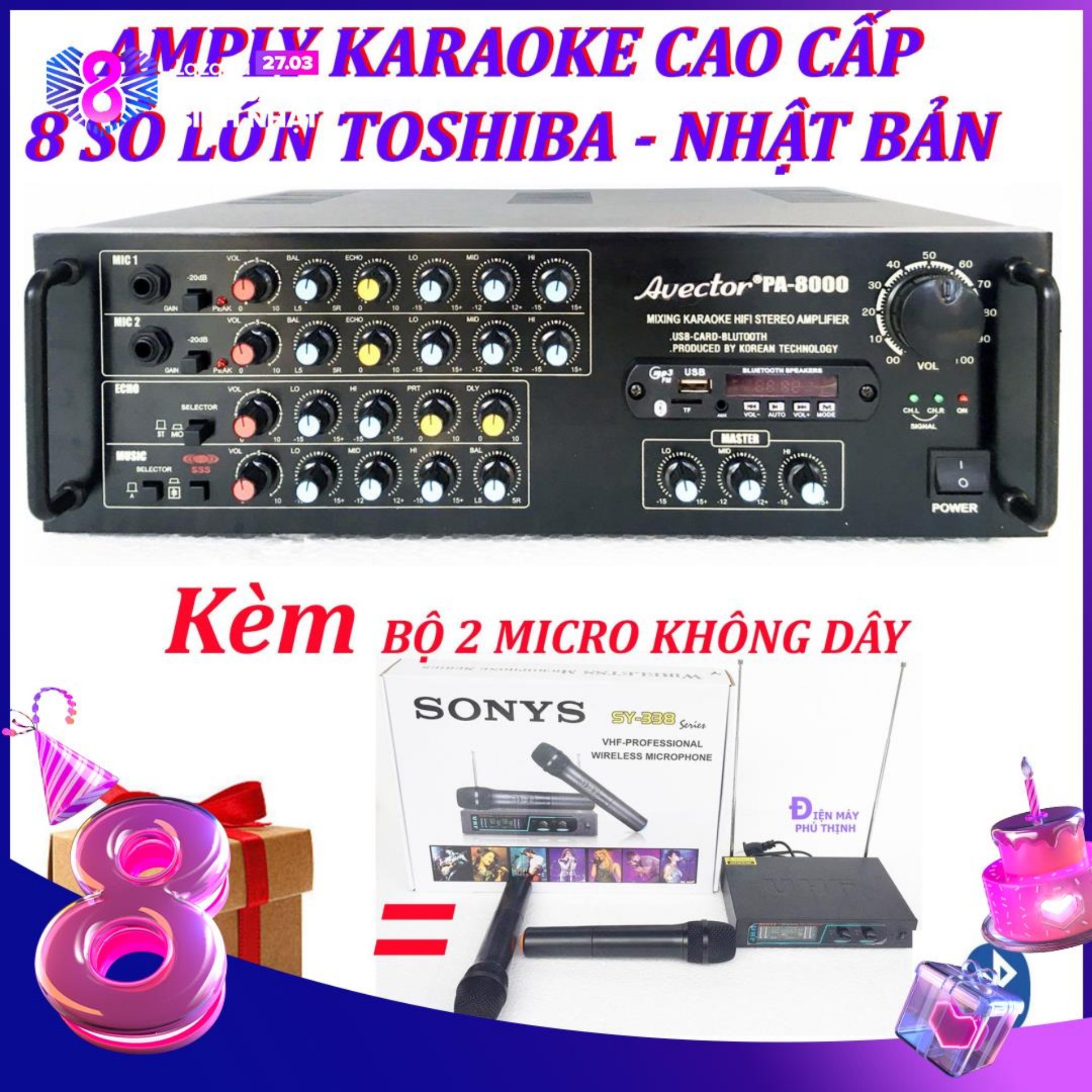 Amply karaoke ampli karaoke amply bluetooth nghe nhạc amply hat karaoke AVECTOR 8000 kèm 2 micro không dây sy338