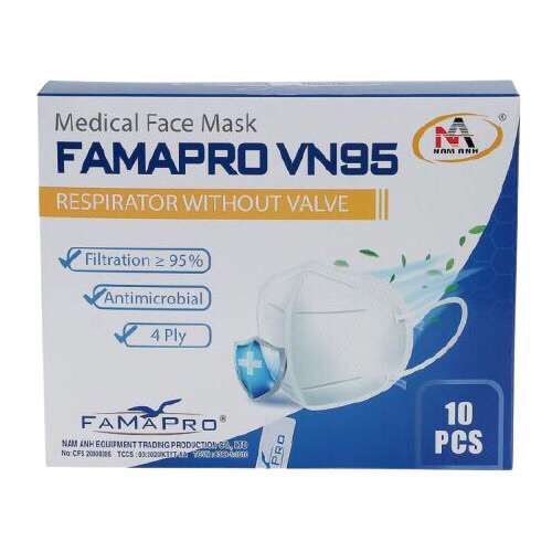 Khẩu trang FAMAPRO VN95, Tiêu Chuẩn Xuất khẩu BFE ≥95% (10 Cái / Hộp - Trắng)
