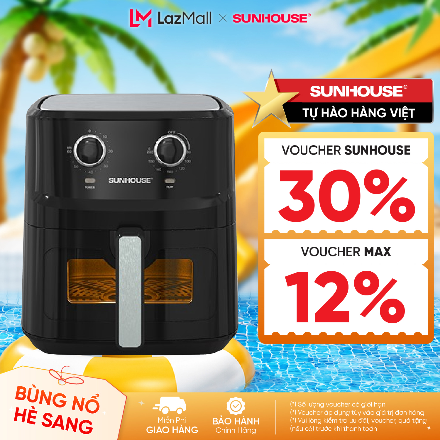 [Bản mới] Nồi chiên không dầu 6.5L SUNHOUSE SHD4030 - Công nghệ Rapid Air giảm tới 80% dầu mỡ - Khoang chiên trong suốt