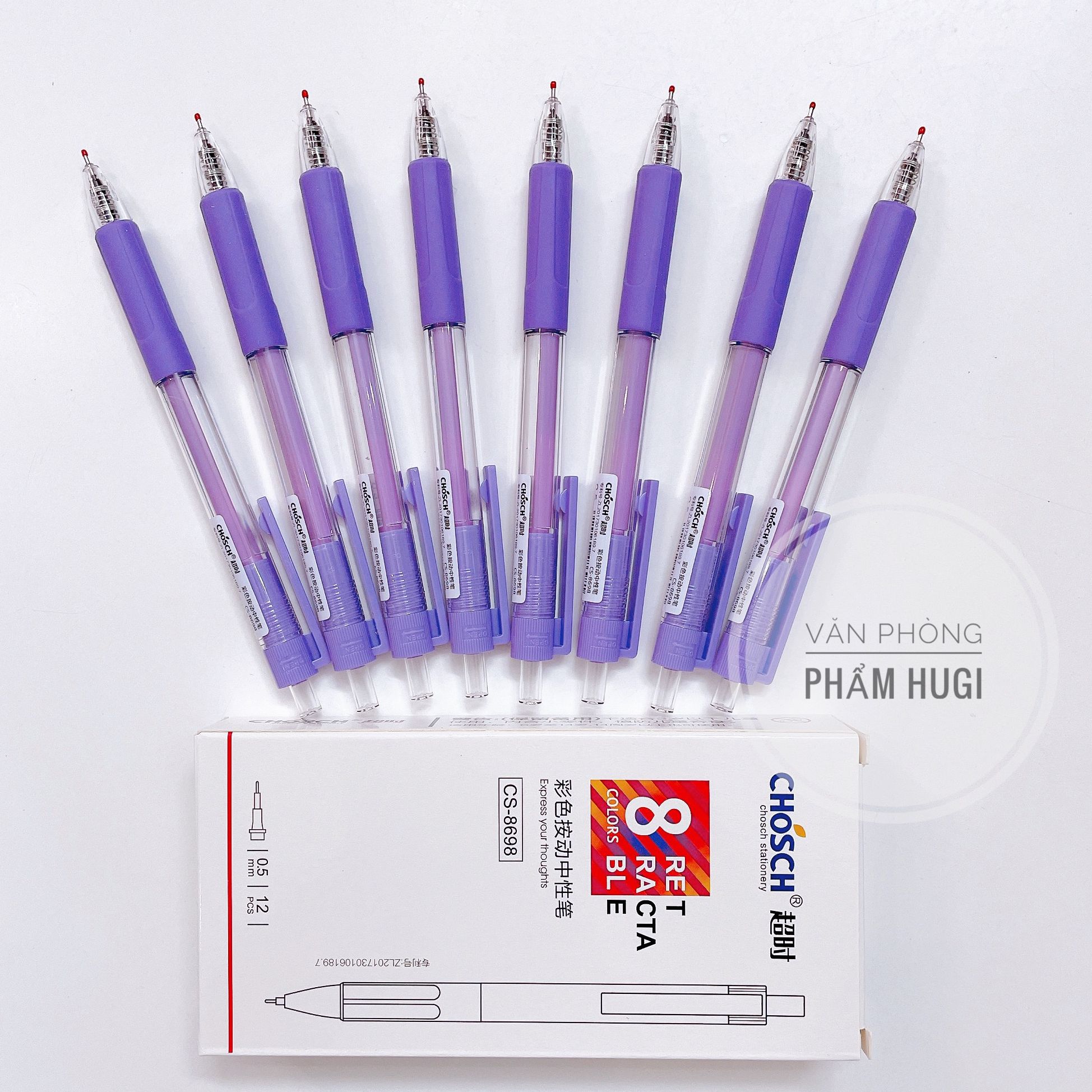 Hộp 12 Cây Bút Gel Bấm CHOSCH 8698 Ngòi 0.5mm (Mực xanh/tím/đỏ/đen)