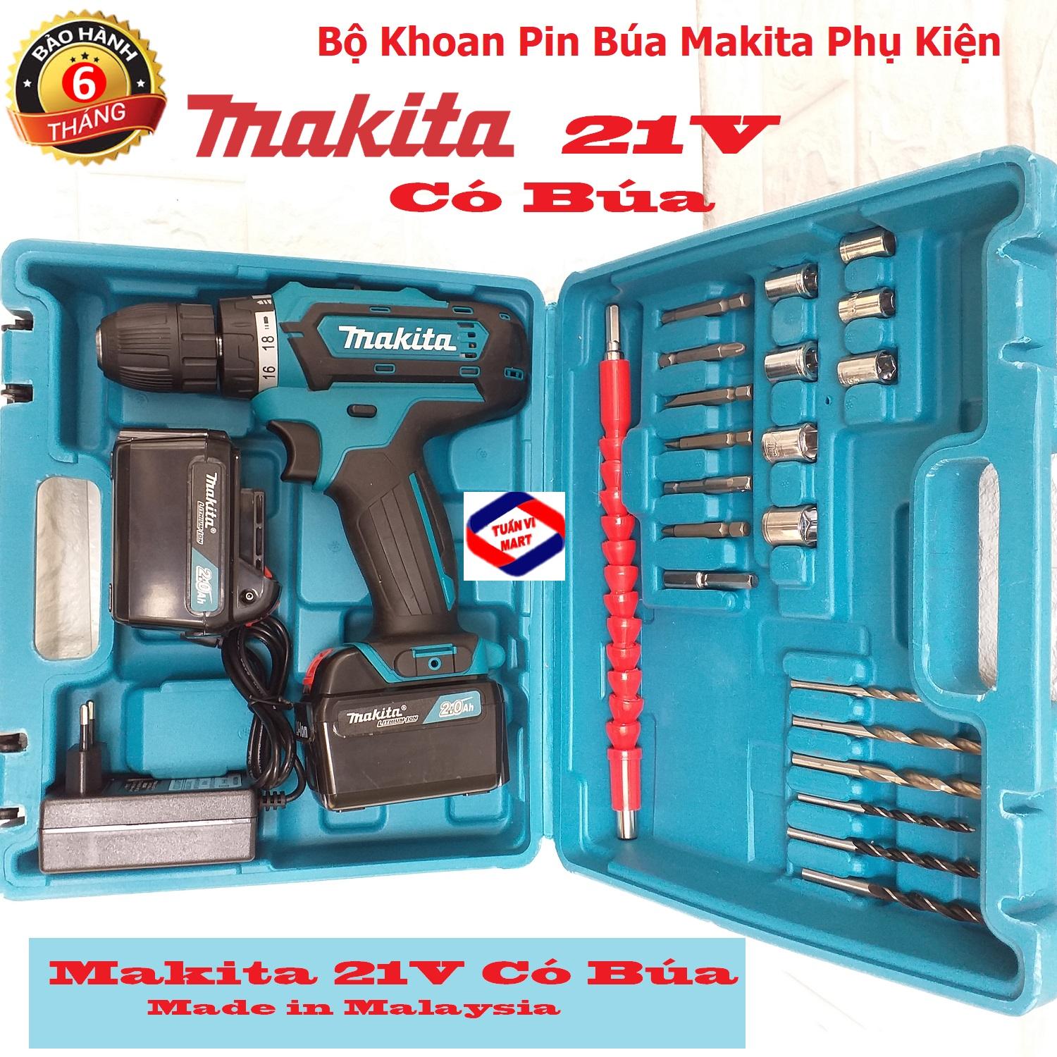 Máy khoan Pin MAKITA 21V + 2 PIN + Phụ kiện mũi khoan ( XANH )