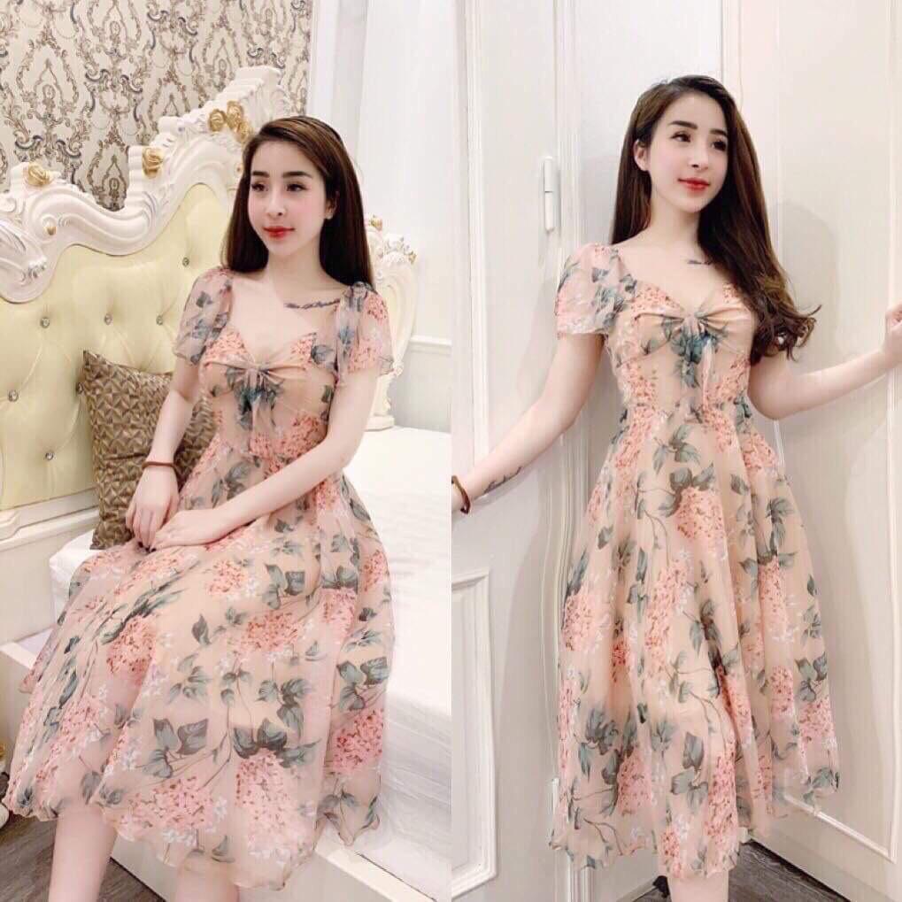 Đầm xòe voan hoa 2 lớp có mút-TK