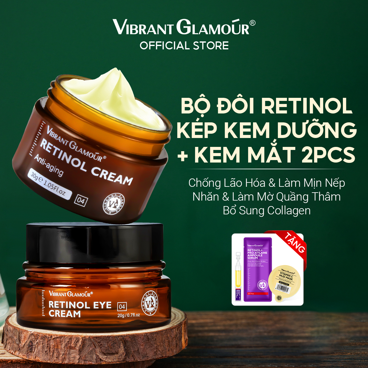 VIBRANT GLAMOUR Bộ 2 món gồm kem dưỡng chứa 25% retinol và collagen chống lão hóa da mặt + kem mắt giúp làm trắng, giảm nếp nhăn, chống lão hóa và cải thiện quầng thâm mắt - INTL