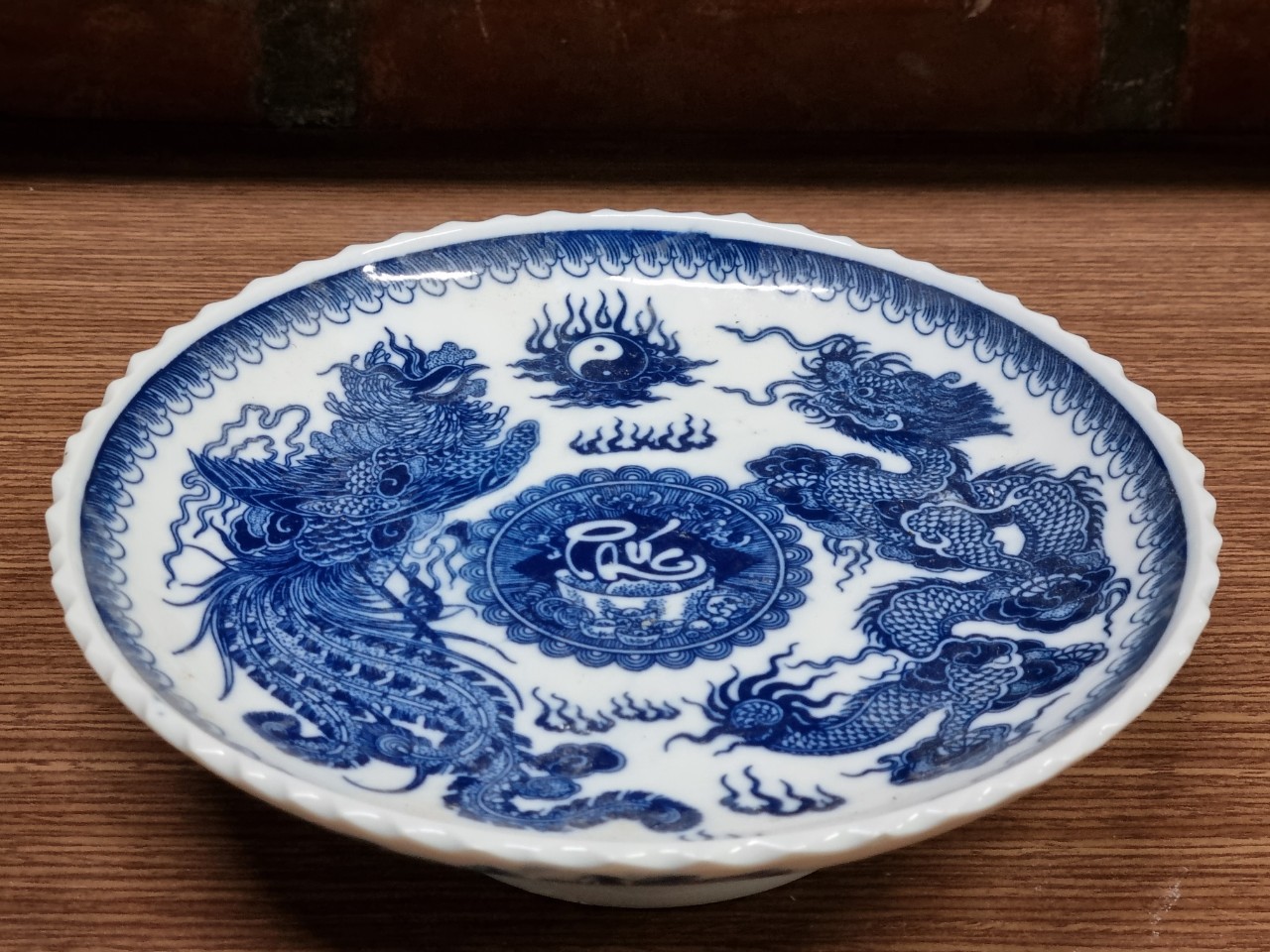 Mâm bồng thờ cúng, 30cm, vẽ rồng, màu xanh lam