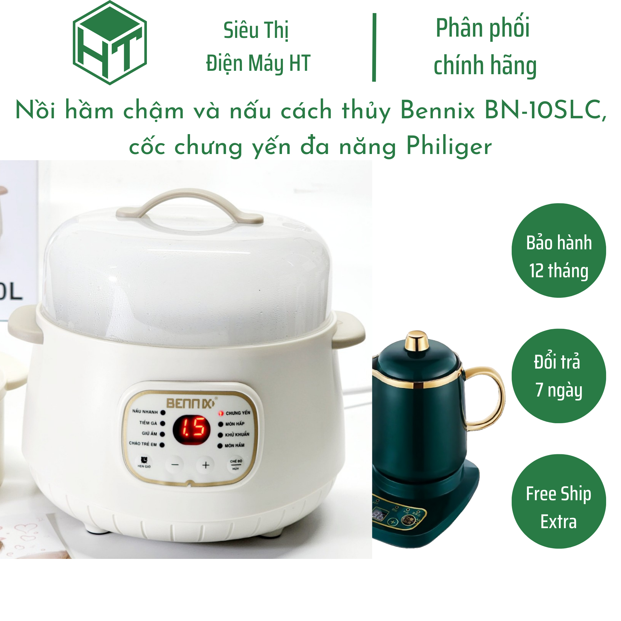 Nồi hầm chậm và nấu cách thủy Bennix BN-10SLC,  cốc chưng yến đa năng Philiger, bảo hành 12 tháng 1 đổi 1 lỗi nhà sản xuất