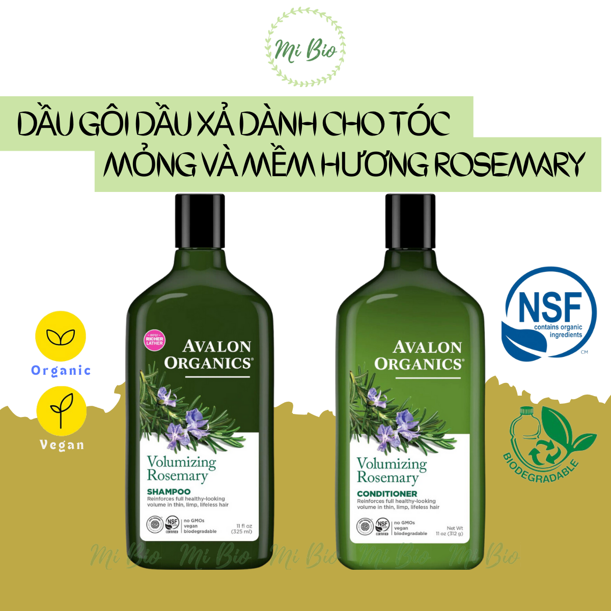Dầu gội dầu xả hữu cơ dành cho tóc mỏng và mềm hương Rosemary Avalon Organics