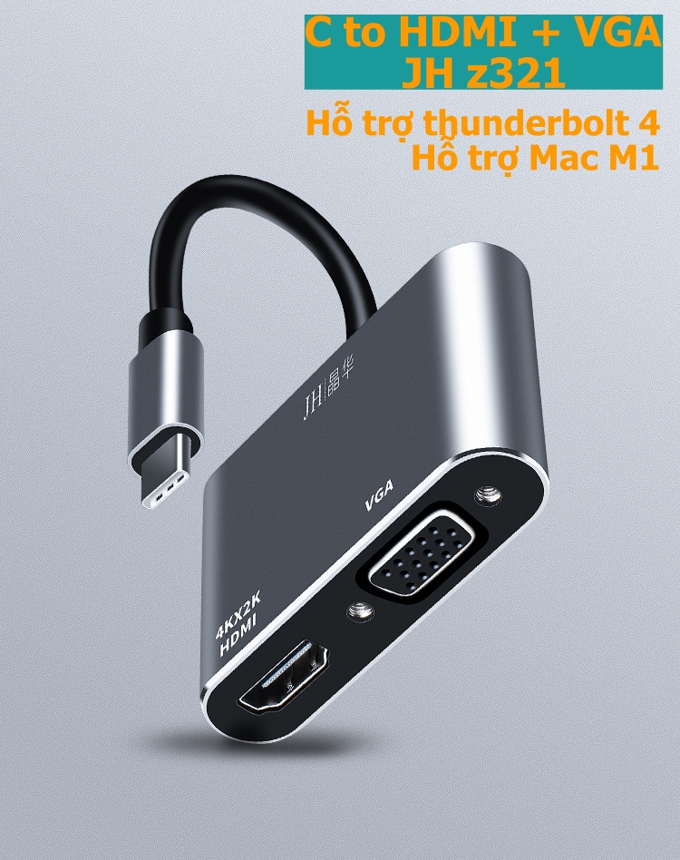 Hub usb type-c jinghua z321 ra hdmi +vga cho mac m1, xps, ss dex và thunderbolt 4