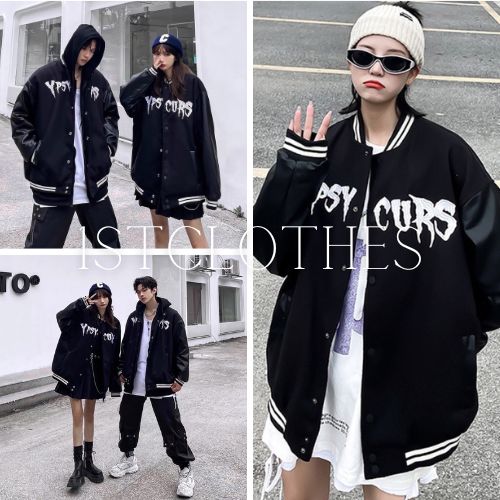 Áo khoác bomber in chữ PSY tay phối da Áo khoác nam nữ màu đen cá tính 1STCLOTHES