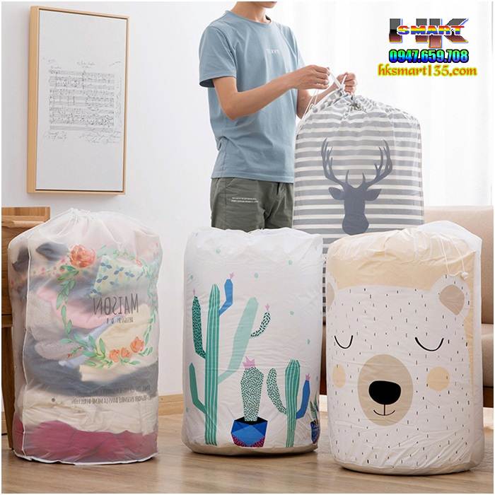 Túi vải đựng chăn màn quần áo dây rút chống thấm bền đẹp chắc chắn In hoa sáng tạo (50 X 82cm)
