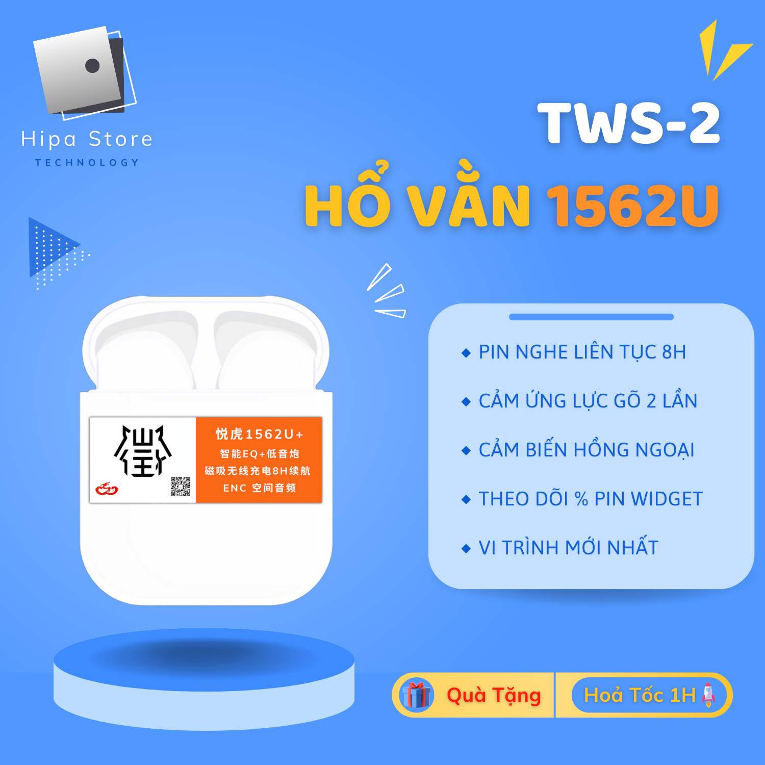 Tai Nghe Bluetooth Hổ Vằn 1562U TWS 2 Bản Mới 2024 Hoàn Thiện Tuyệt Đối - Pin 8H | Hipa Store