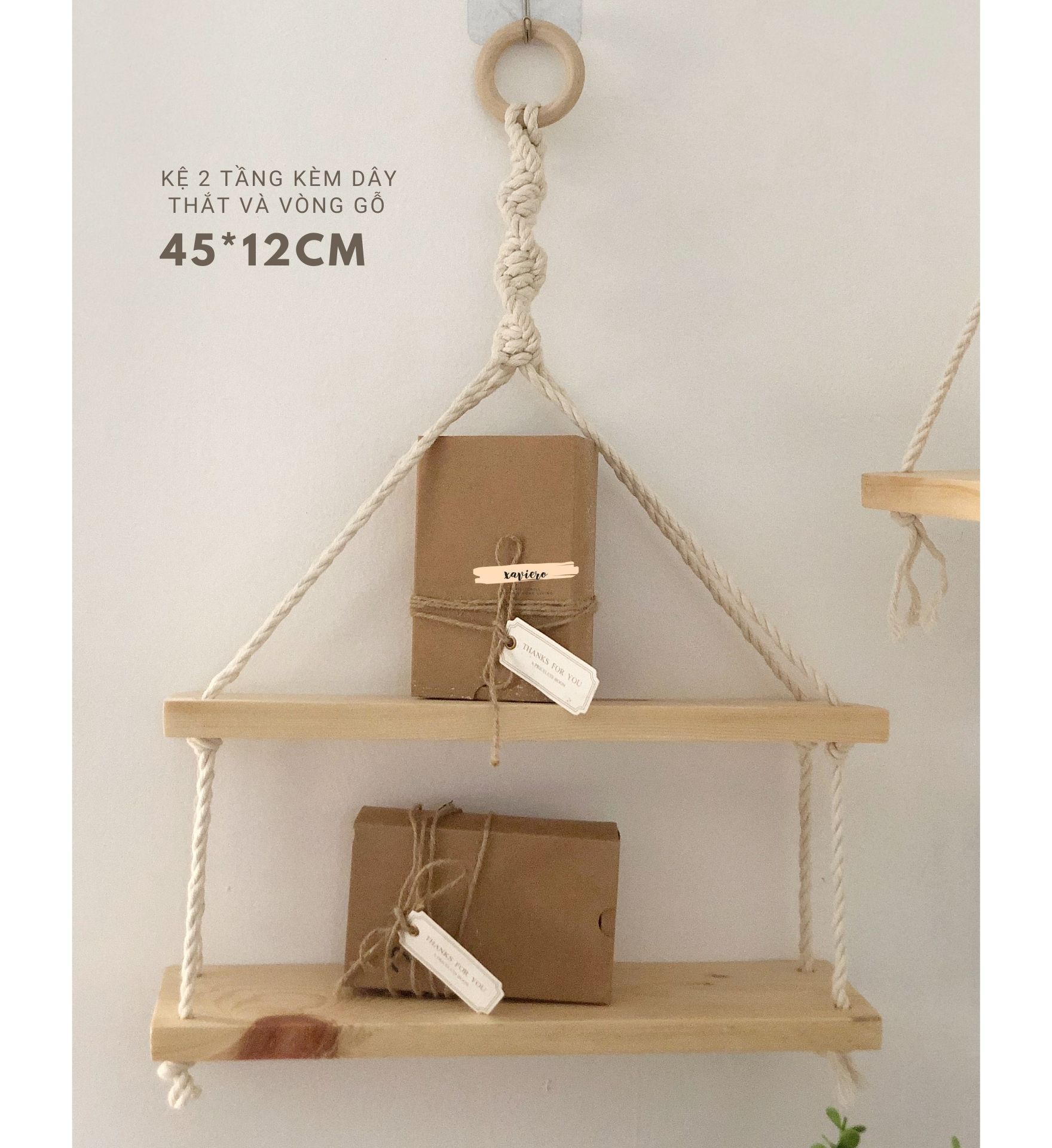 Kệ gỗ treo tường trang trí dây thắt macrame kèm vòng gỗ - XAVIERO decor
