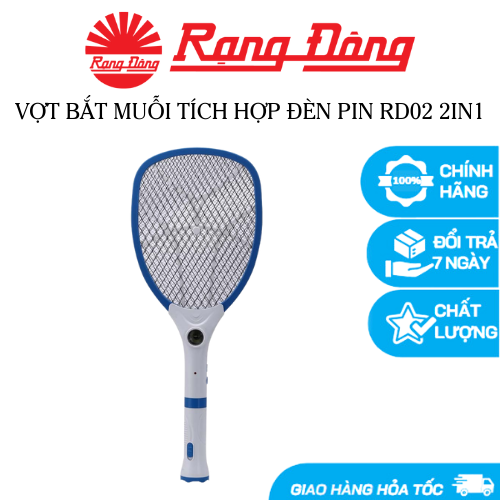 Vợt bắt muỗi Rạng Đông RD02 2IN1 có đèn báo sạc pin, tích hợp tay cầm đèn pin ( có thể tháo rời ) tiện lợi, an toàn