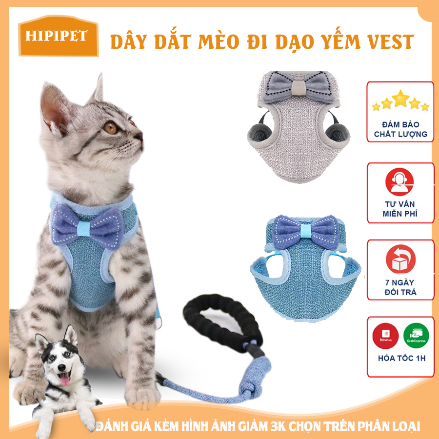 Dây dắt mèo chó đi dạo kết hợp áo vest tây với thắt lơ cá tính đan dù thoáng khí cho Anh Hoàng 2 màu (ghi-xanh lam)