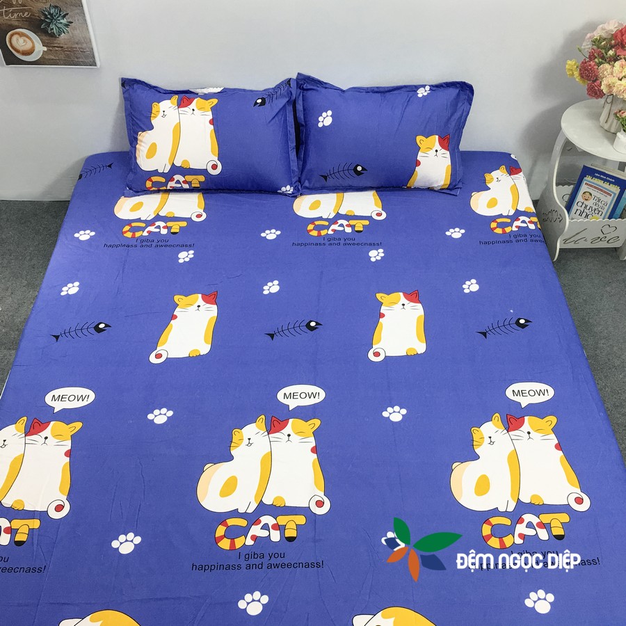 Bộ ga gối drap giường poly ga trải giường kèm 2 vỏ gối nằm mẫu Mèo bụng to dễ thường đầy đủ kích thước
