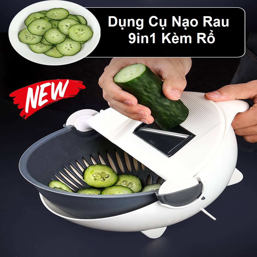 Dụng cụ bào sợi, thái lát kèm rổ thau rửa rau củ đa năng - Dụng Cụ Nạo Rau Củ Quả Kèm Rổ 9 Trong 1 có kèm 7 lưỡi tạo 7 kiểu cho các món ăn