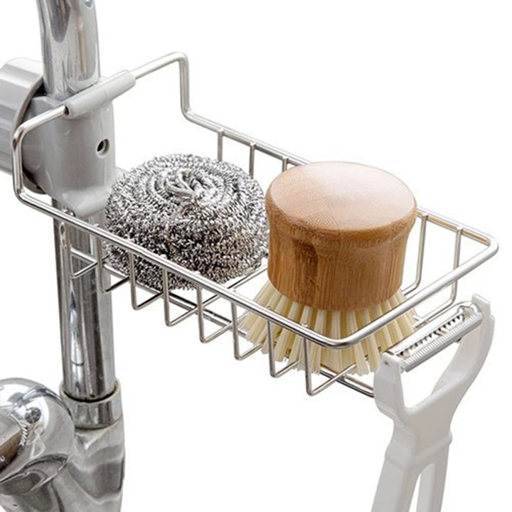 Giá Inox cài vòi nước - Gía để đồ cài cạnh vòi rửa bát tiện lợi sạch sẽ - Giá inox đựng lưới rửa bát cọ xoong bàn chải xà bông treo vòi nước bồn rửa bát