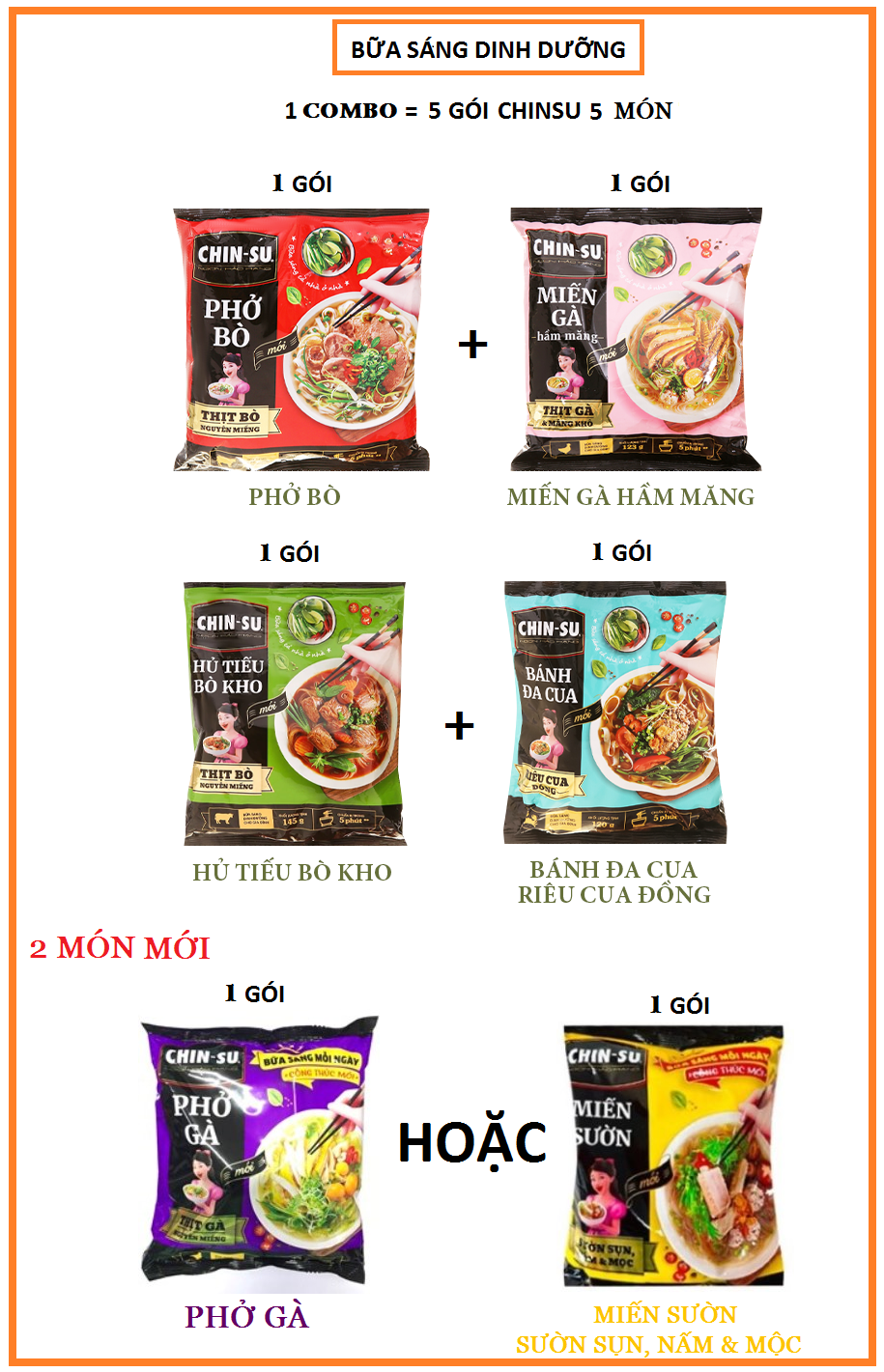 GIÁ CHỈ 154.000 Đ/BỘ - Giới thiệu BỘ SƯU TẬP 5 VỊ: 1 gói (Hủ tiếu bò kho + miến gà hầm măng + BÁNH ĐA CUA + Phở bò + Phở gà hoặc Miến sườn) BỮA SÁNG CHINSU CÓ THỊT THẬT ĐẦY DINH DƯỠNG VÀ NGON HẢO HẠNG