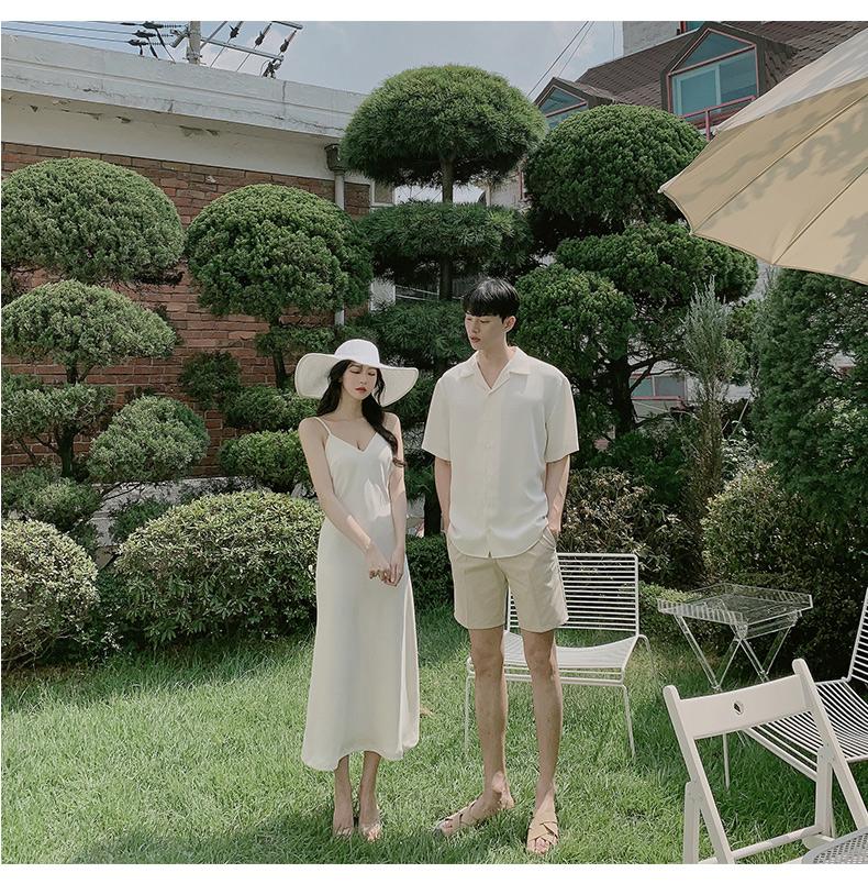 Áo đôi - đồ đôi - set váy 2 dây sơ mi nam màu trắng 2019 av56