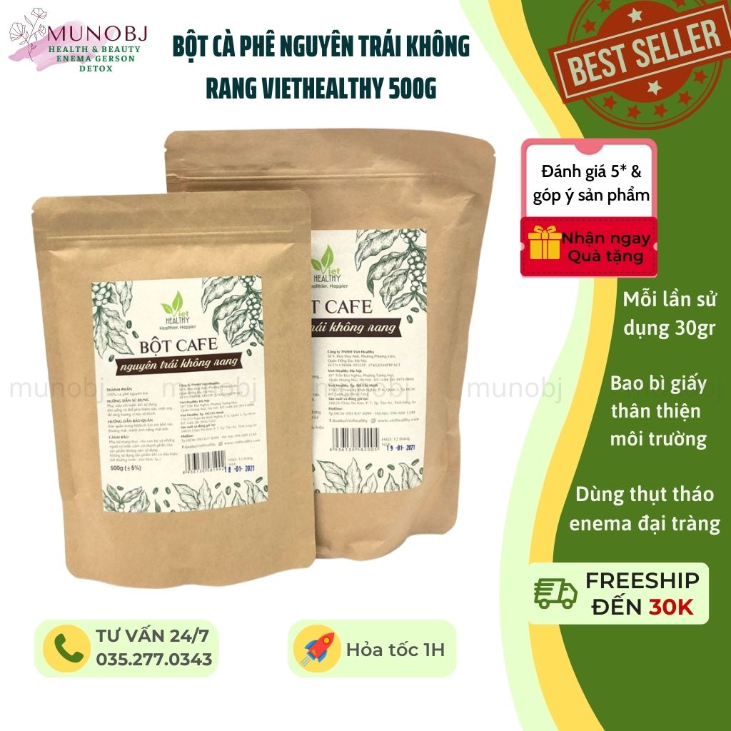 Bột cà phê thải độc Viet healthy thụt tháo đại tràng enema nguyên trái không rang 500g