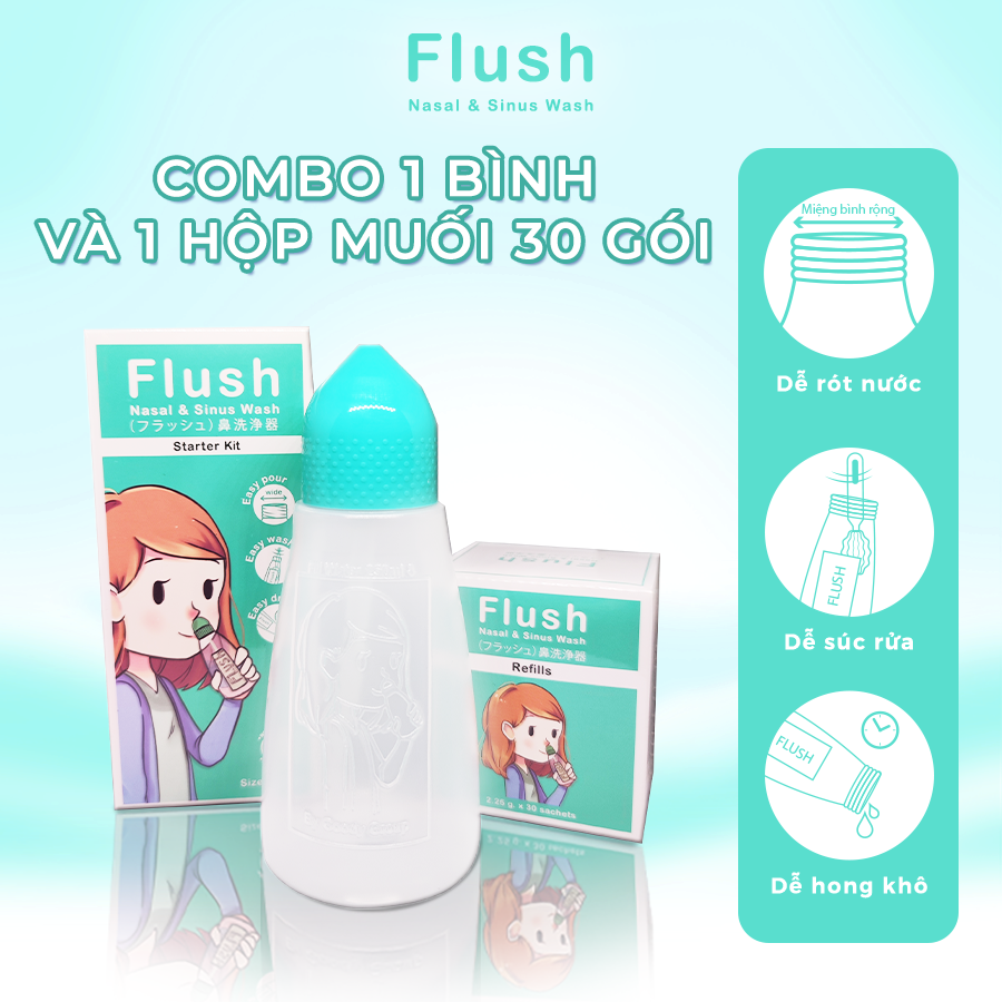 Combo bình rửa mũi cho trẻ flush chính hãng gồm 1 bình và hộp 30 gói muối tinh khiết