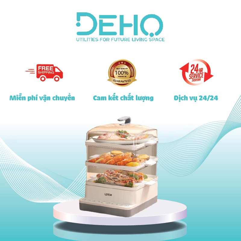Nồi hấp điện 3 tầng 18L công suất 800W, hấp điện cách thủy, đa năng hấp thực phẩm, bánh, hấp khử trùng DEHO09