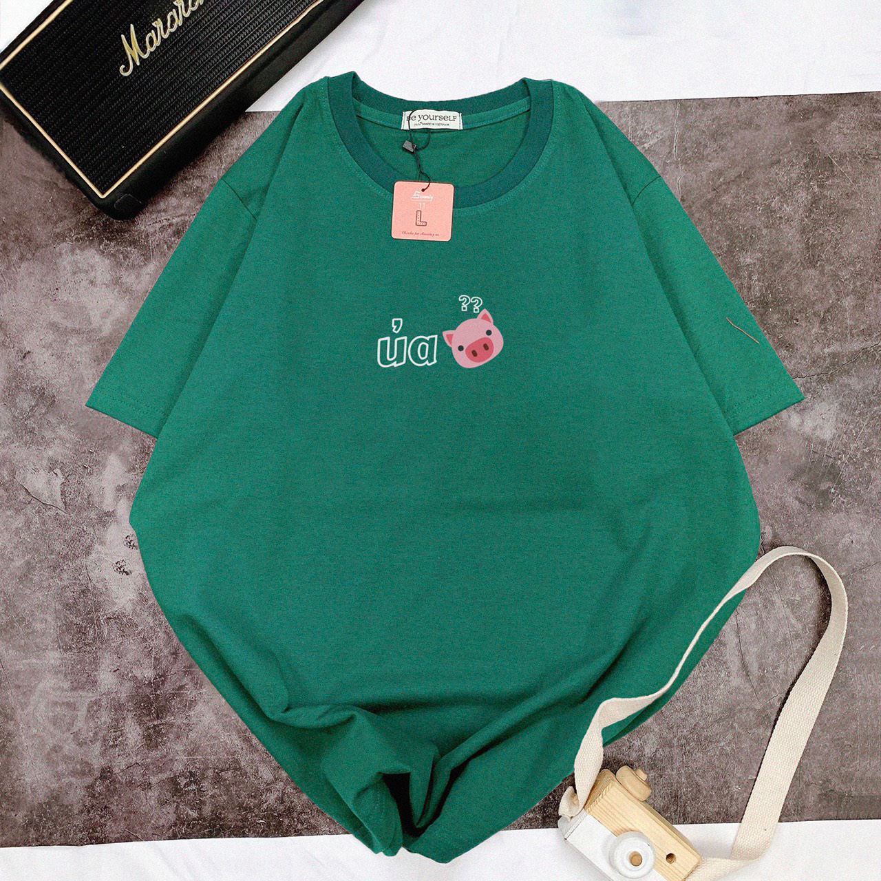 Áo thun chữ ủa hình heo con tay lỡ unisex dáng rộng