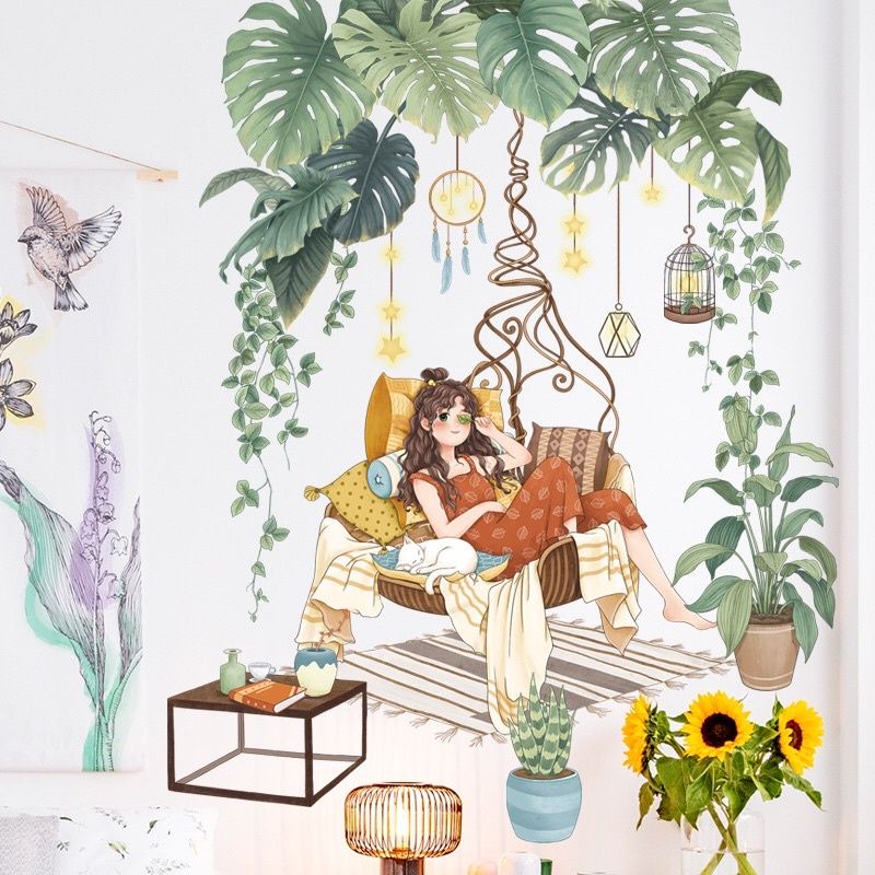 Decal dán tường , tranh dán tường cô gái ngồi dưới tán cây, sẵn keo dán