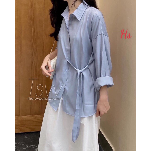 Áo sơ mi buộc nơ eo vải đũi lụa trơn ,có dây thắt eo tôn dáng