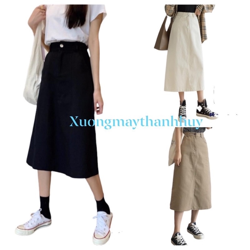Chân váy kaki dáng a suông dài vintage hàn quốc- msf 180 hot sale