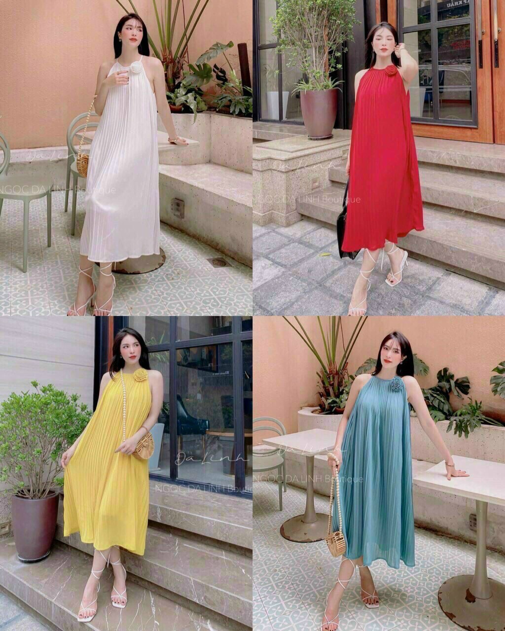 Váy maxi xếp ly đi biển, váy cổ yếm maxi dáng dài hàng loại 1