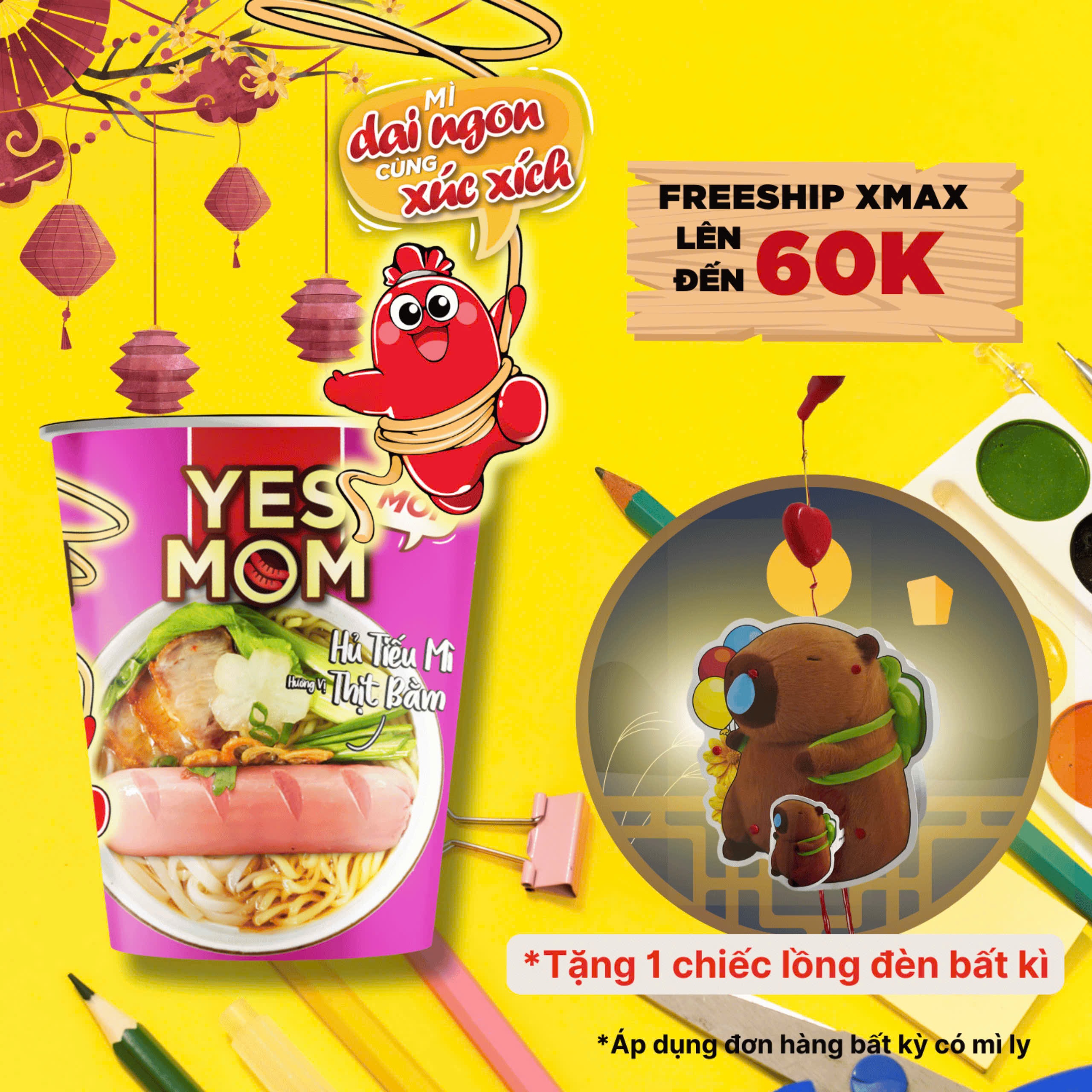Thùng 24 ly Hủ Tiếu Mì Thịt Bằm Yes Mom Có Xúc Xích 76g/ly