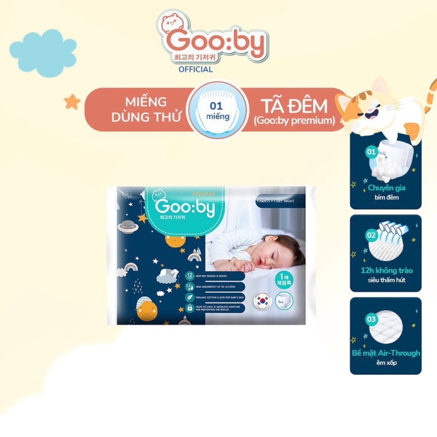 Bỉm mẫu dùng thử Tã/bỉm Gooby Premium ( Bỉm Gooby Đêm ) Siêu mềm mại, siêu thấm hút, an toàn size M/