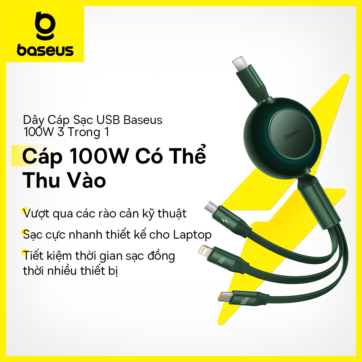 Dây Cáp Sạc USB Baseus 100W 3 Trong 1 Chuyên Dụng Type C Micro USB Cho Samsung S22 S23 Xiaomi iP Macbook