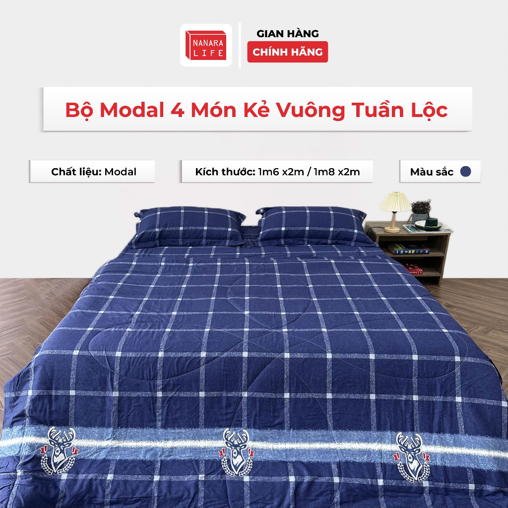 Bộ Chăn Ga Gối Nanara Life Chất Liệu Modal Họa Tiết Kẻ Vuông Tuần Lộc Thoải Mái, Êm Ái