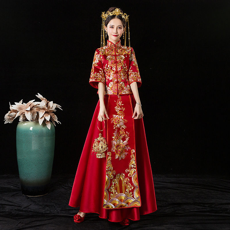 Mùa hè cô dâu trung quốc áo cưới áo cưới bánh mì nướng quần áo mỏng cô dâu bộ trang phục áo dài 34 tay plus size xxxxl