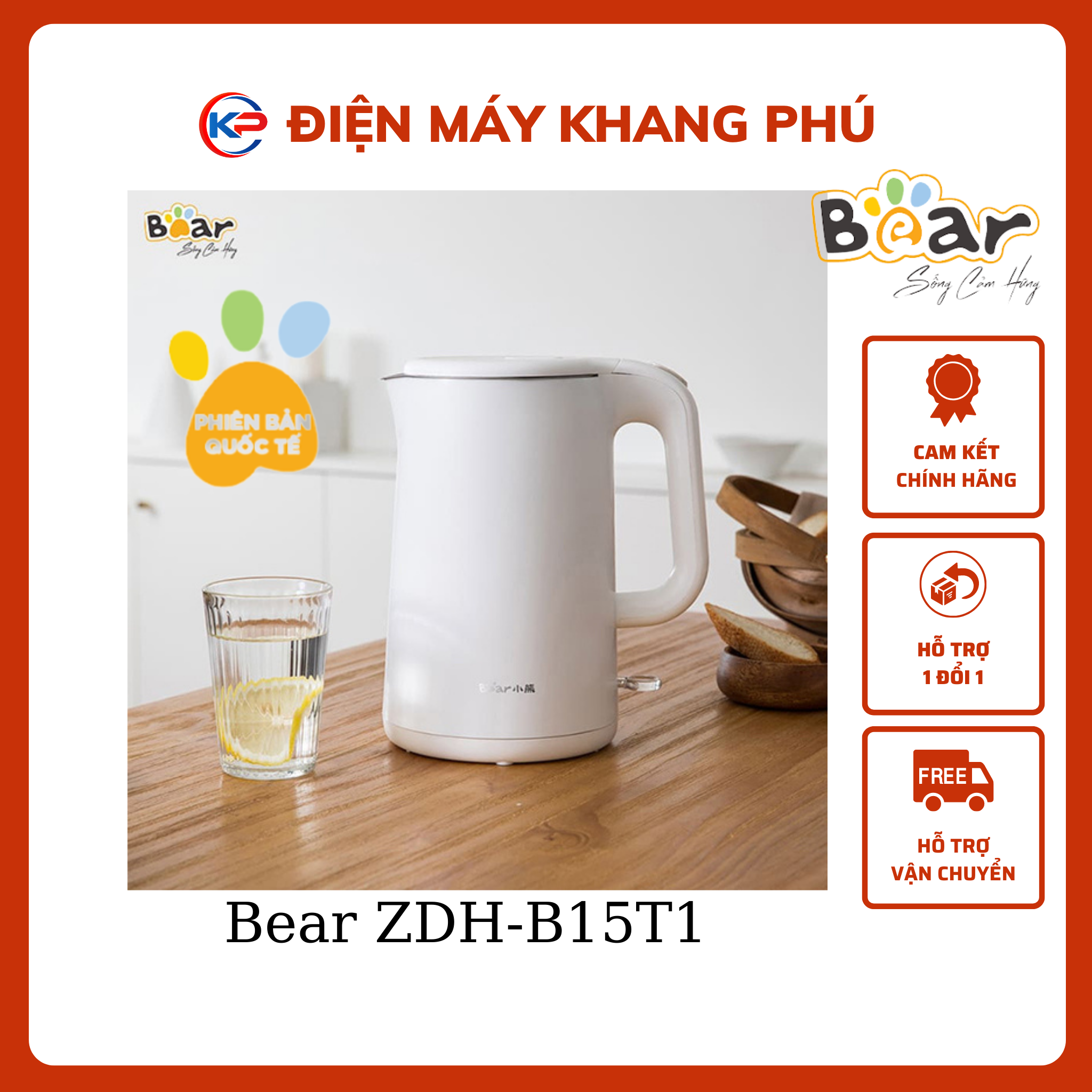 Bình đun nước siêu tốc bear zdh-b15t1 - hàng chính hãng - bảo hành 18 tháng - phiên bản quốc tế